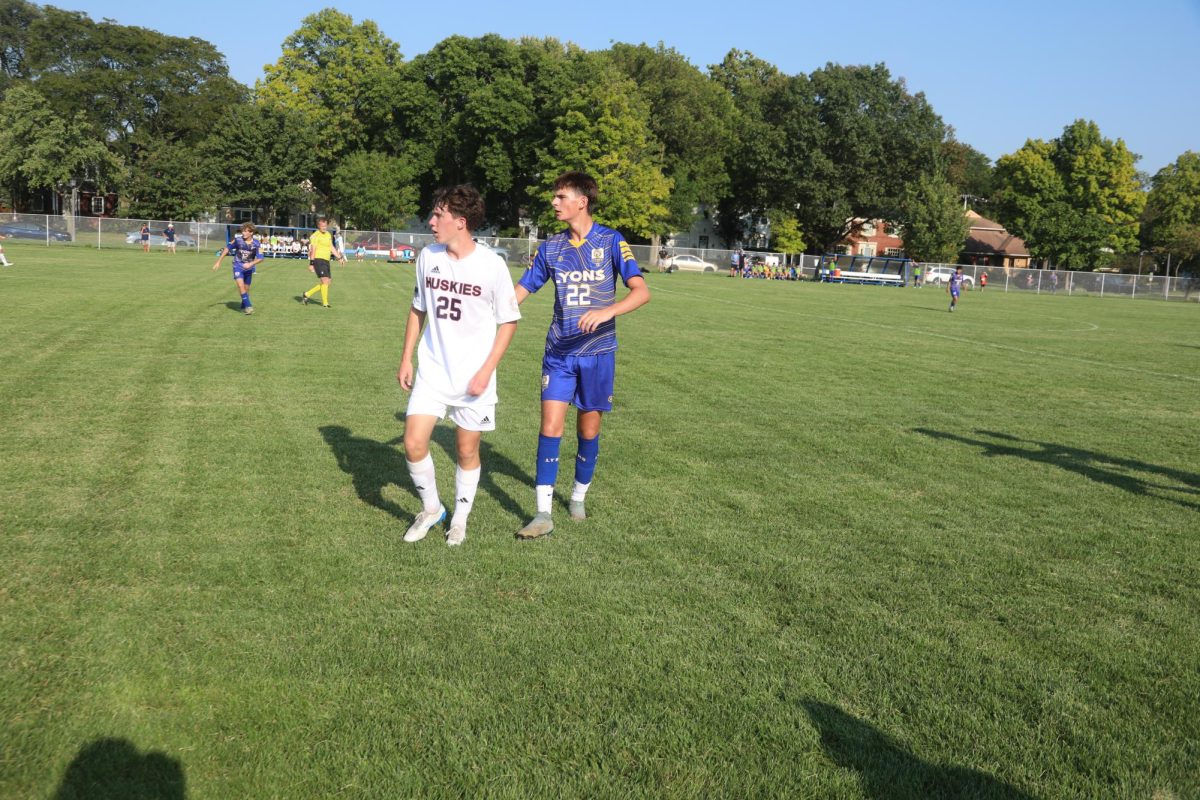 Filip Soldat ‘25 looks on as defense tries to win ball back in Aug. 29 game against Naperville North
