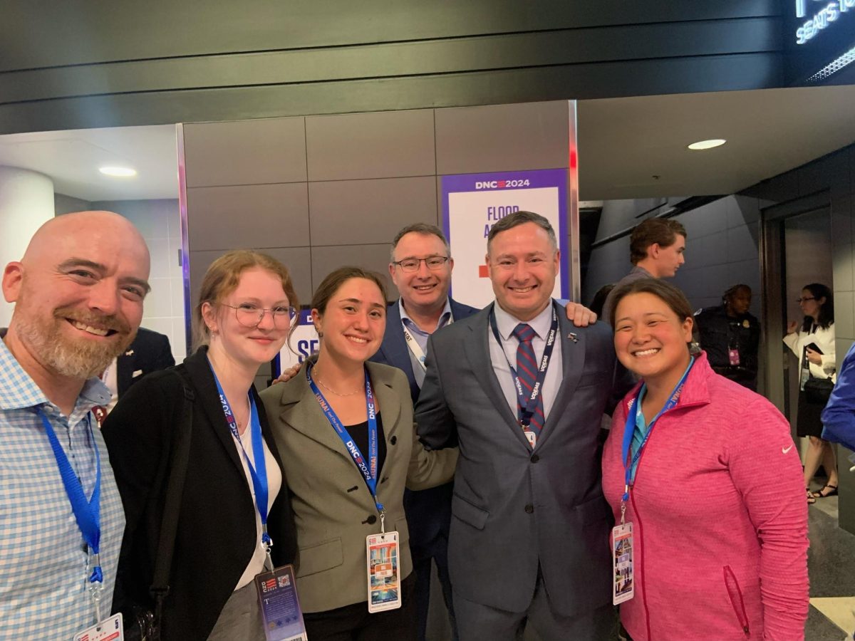 LION reporters and LT chaperones pose with Alexander Vindman and Eugene Vindman. In order from left to right: Ryan Darrah, chaperone; Lilly Grigby, LION  reporter; Lindsay Forebaugh, LION reporter; Alexander Vindman, Eugene Vindman, Jessica Lee, chaperone (The Vindmans/LION).