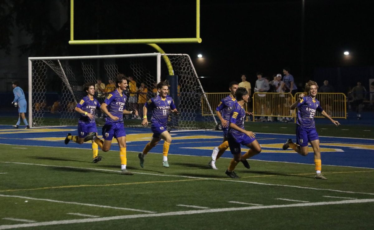 Players celebrate after goal by Julian Avdiu ‘27 (Kowalski/LION).
