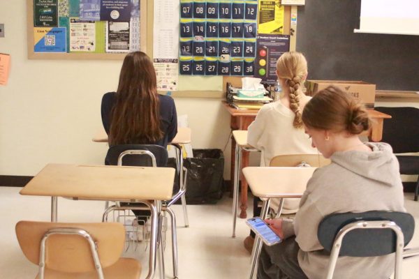 In this photo illustration, LION students pose in classroom to demonstrate student reactions to cell phone pockets as they are a controversial topic.